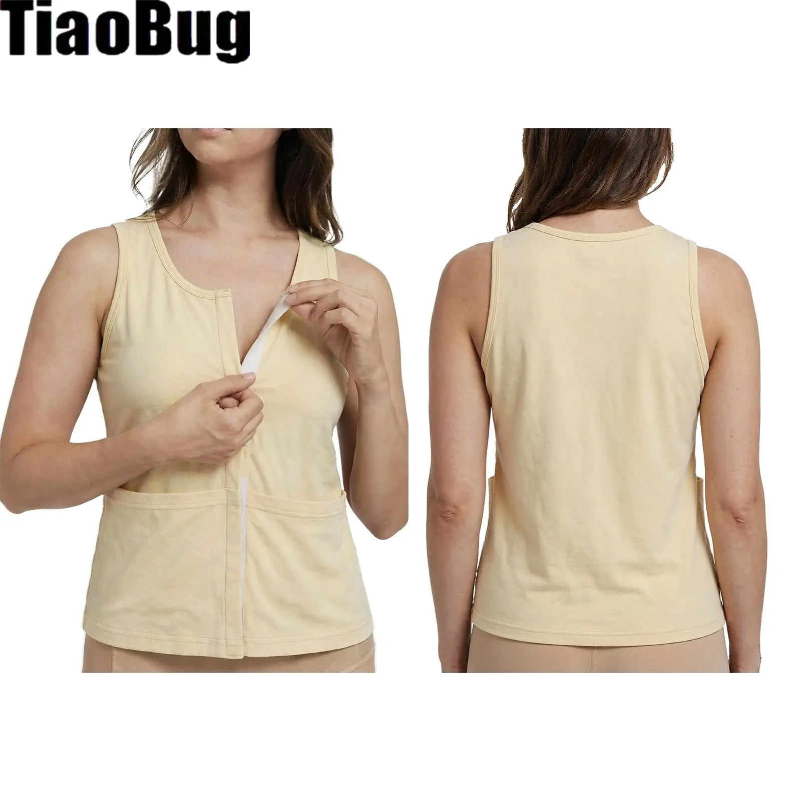 Womens Postoperative Recovery Vest Sleeveless Hook-and-loop Closure Tank Top with Pockets for Hospital Home Nursing