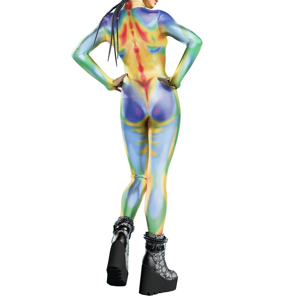 Halloween Vermomming Oufit Voor Vrouw Cosplay Kostuum Volwassen Vakantie Feest Sexy Bodysuit Mode Verblinding Print Podium Jumpsuit