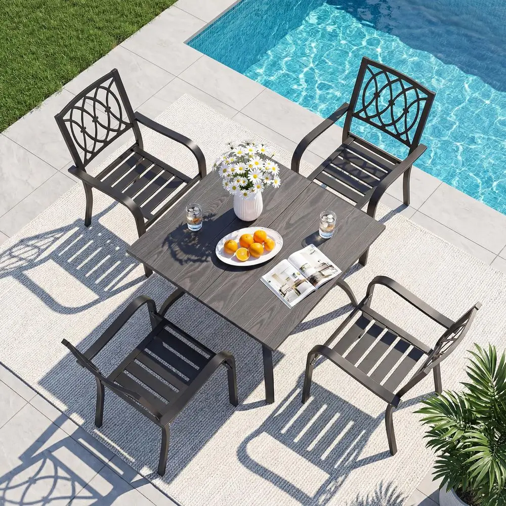 

Pieces of Outdoor Matel Dining Set Square Patio Table with Umbrella Hole and 4 Stackable HeavyDuty Iron Dining Chairs AllWeathe