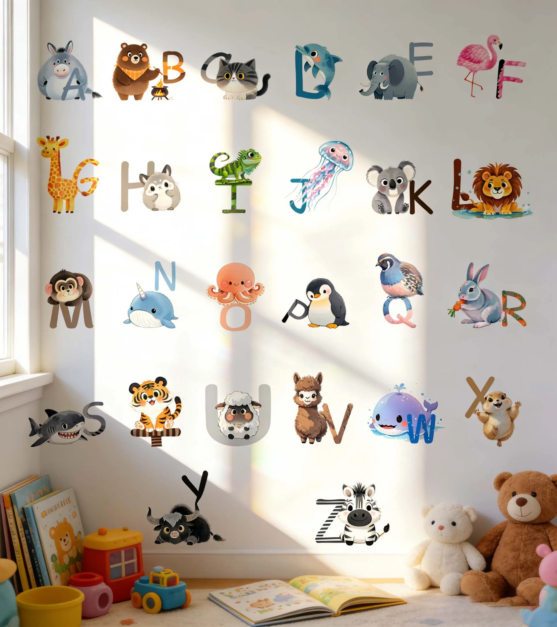 26 Letter English Alphabet Wall Stickers Cartoon Animal Early Education Center Decorations Self-Adhesive Kids Room Wall Paper