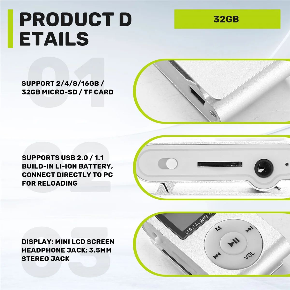 

Mini USB Clip MP3 Player Video Screen Support 32GB Micro-SD TF Card