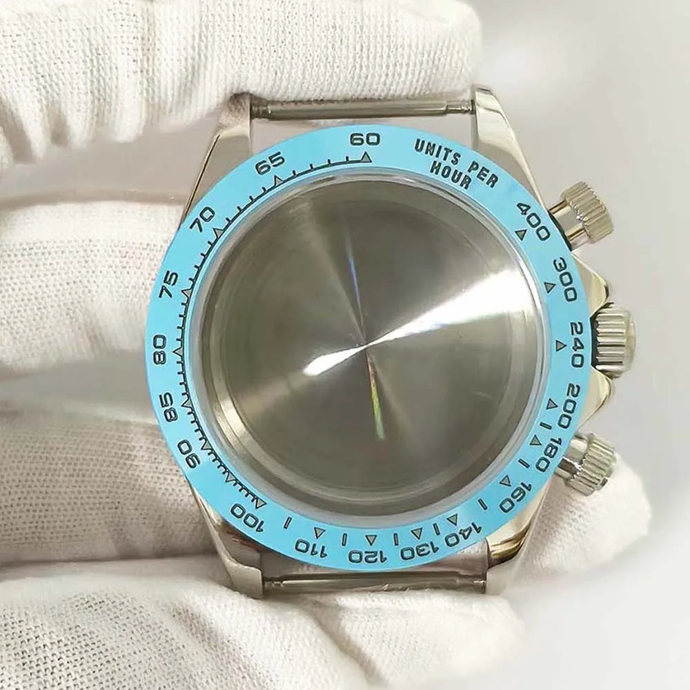 39mm VK63 Case Blue Ceramic Bezel Watch Case Stainless Steel Sapphire Glas Watch Shell for VK63 Quartz Movement Fit 29.5mm Dial