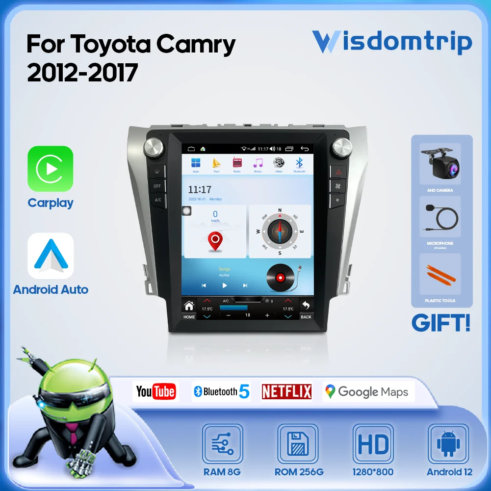 12.1 inch Tesla Style For Toyota Camry 2012-2017 Smart Multimedia Video Player Radio GPS 4G WiFi  Navigation Carplay Android12