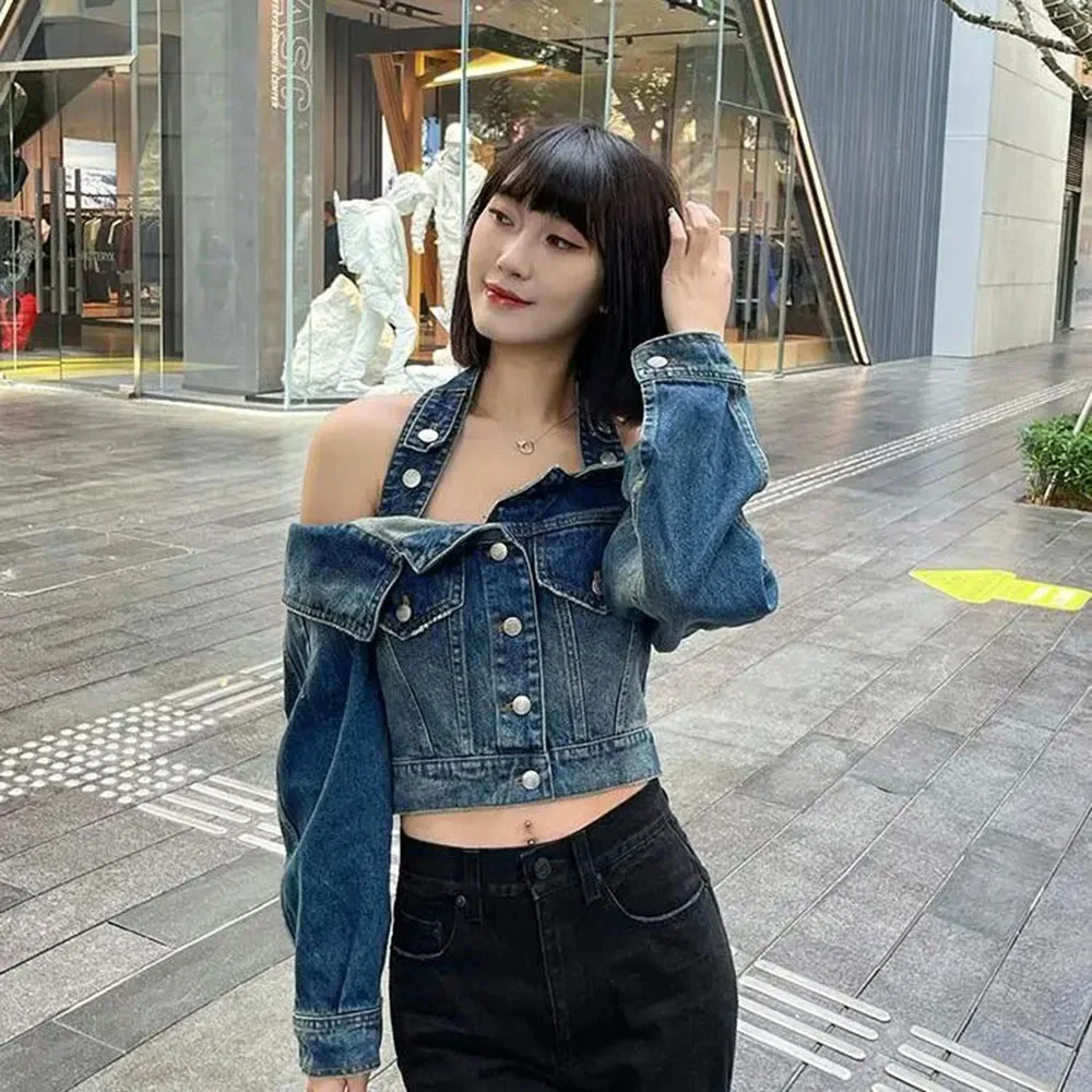 2024 Early Spring Temperament Denim Jacket Sexy Hot Girl Halter Shirts Tops Streetwear Long Sleeve Slim Jean Blouses Female Coat