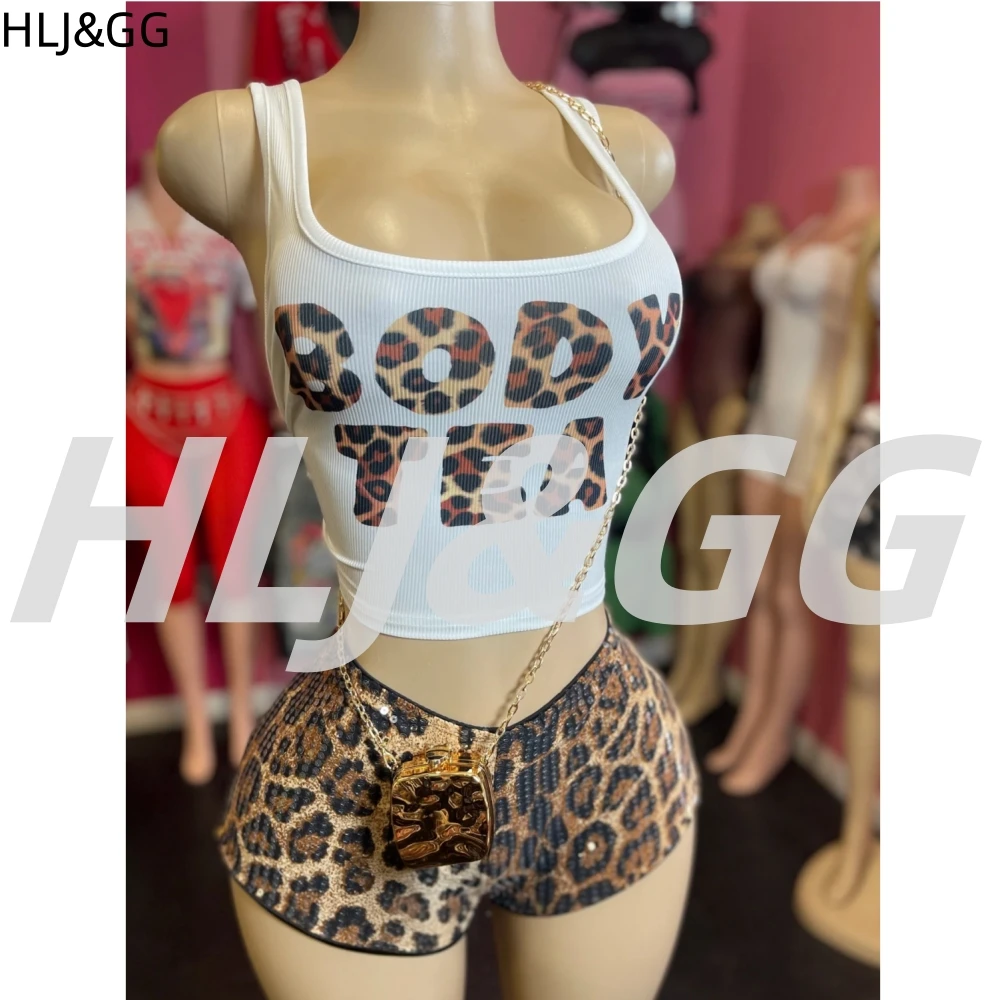 

HLJ&GG Y2K Summer New Letter Tank Top Two Piece Sets Women Round Neck Sleeveless Vest + Sequin Leopard Shorts Outfits Streetwear