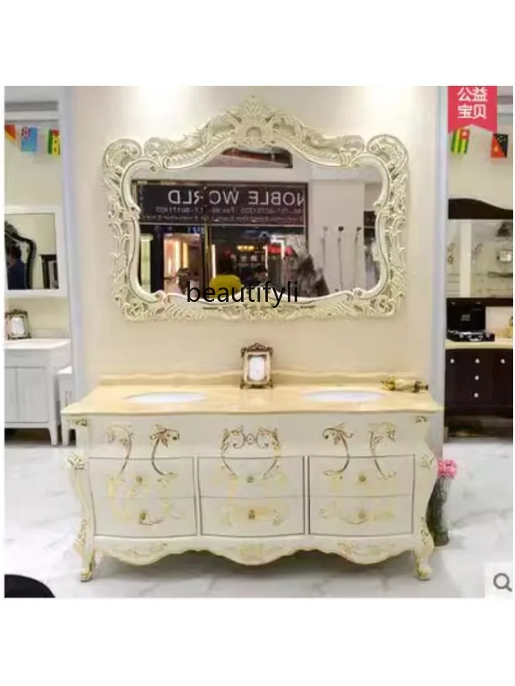 Luxury European bathroom floor-to-ceiling bathroom cabinet antique oak French bathroom hand wash basin cabinet combination