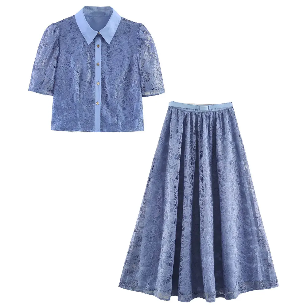 2026 Summer Women's Elegant 2 Pcs Sets Short Sleeve Lace Crop Tank Shirt Top Blouse Lady Vintage High Waist Skirts Party Outfits