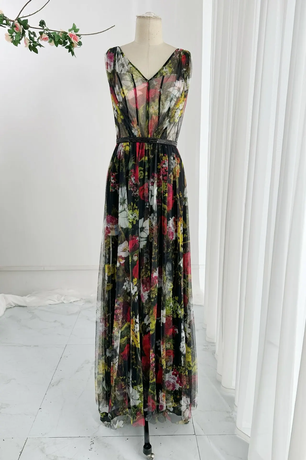 Black Fashion Printing Chiffon V -Line Collar Sleeveless Daily Dressing Party Evening Dress Skirt M2242