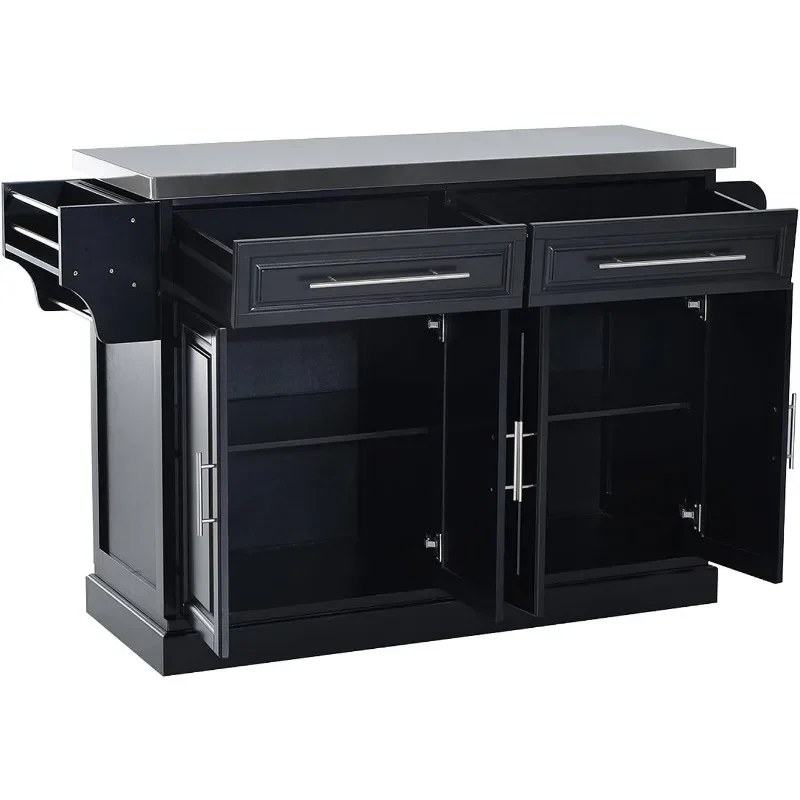 Rolling Kitchen Island with Storage, with Stainless Steel Top, 2 Drawers, Spice, Knife and Towel Rack and Cabinets, Black