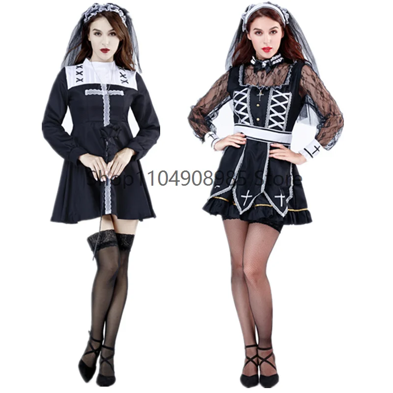 

Q Halloween Women Sexy Lace Nun Costume Religious Sister Cosplay Fancy Dress Dark Horror Ghosts Bride Costume Masquerade Uniform