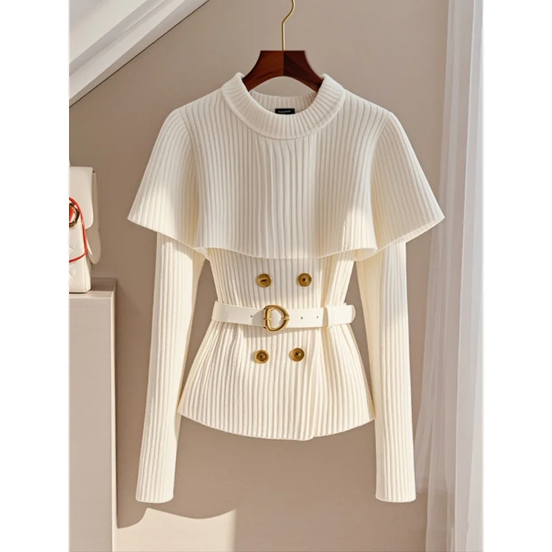 Sweter Rajutan Pullover Chic Fashion Korea Wanita Musim Gugur Baru Ramping Lengan Panjang Cape Selendang Pinggang Jaket Sweter Lembut Atasan Wanita
