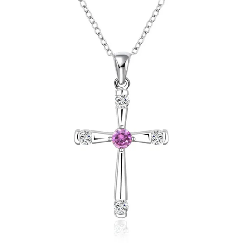 

Fashion Jewelry Amethyst Zircon Necklace Elegantly Plated With 925 Silver Cross For Girl Woman