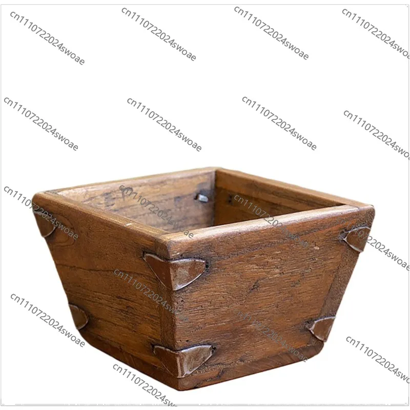 For Old-fashioned Solid Wood Attracts Wealth and Treasures, Antique Rice Bucket Creative Ornaments, Living Room Ornaments Art