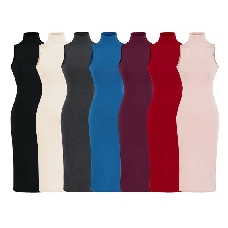 Light Mature Style Half High Collar Sleeveless Dress Spring Summer Slim Fit Waist-Cinching Back Slit Sexy Bodycon Dress K65D
