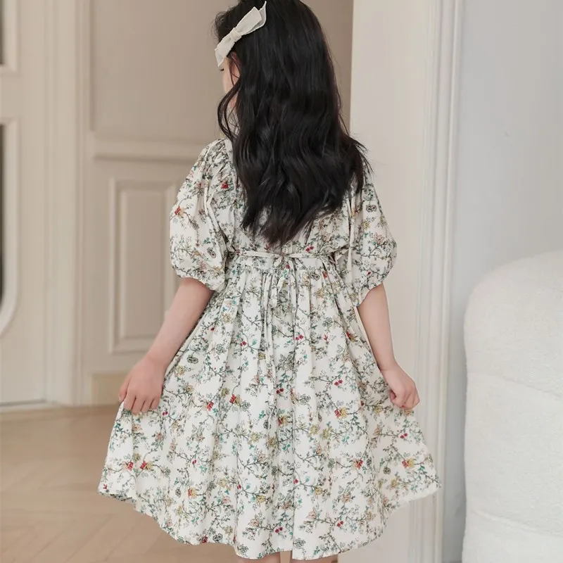 2023 Fashion Summer Girl Party Dress Princess Flower Dress Children Puff Sleeves Dresses Teenager Girl Luxury Clothing