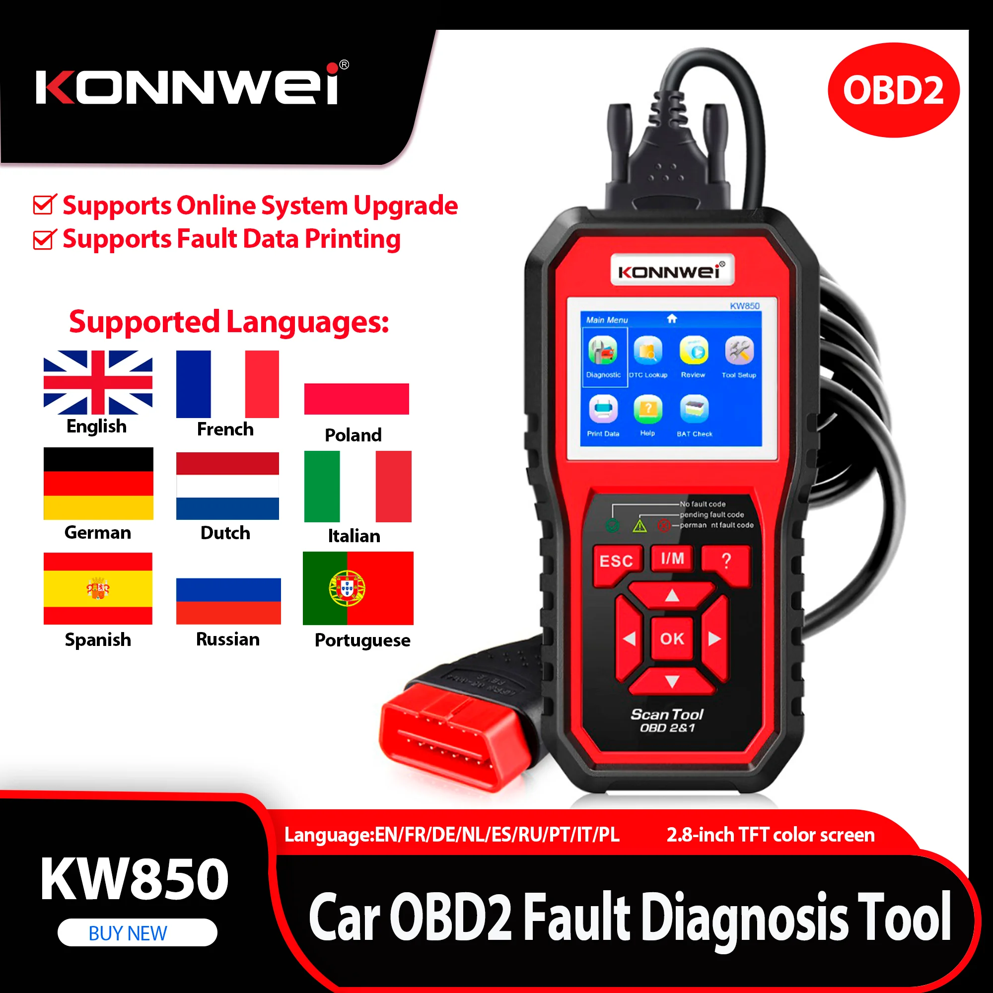 2026 KONNWEI KW850 Car OBD2 Diagnostic Tools Auto Scanner Engine System Check Live Data Clear Code Reader DTC Lookup Fault Code