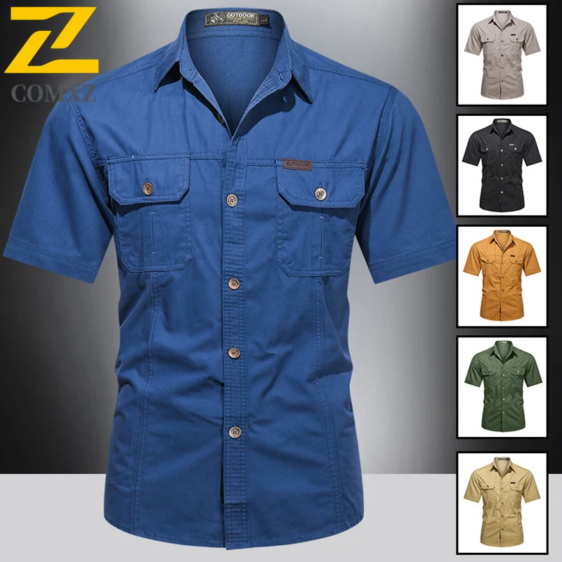

Summer Quick Dry Short Sleeve Army Fan Solid Color Loose Shirt Mens Thin Breathable Lapel Cargo Shirts Tops Outdoor Hiking Shirt