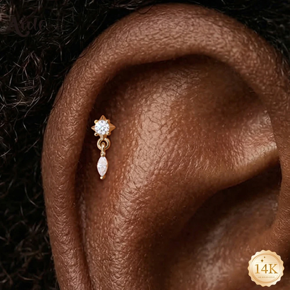 Aide 14K Solid Gold Minimalist North Star Marquise Zircon Stud Earrings Screw Flat Back Dangle Piercing Earrings Birthday Gifts