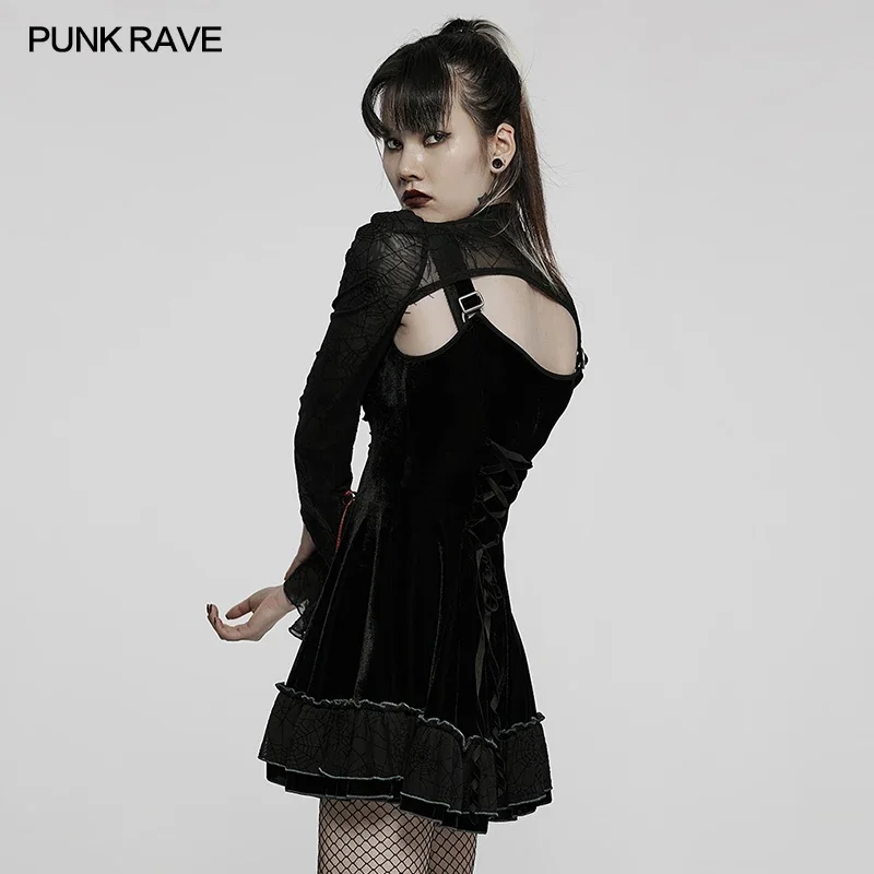 Imagem -03 - Punk Rave Feminino Gótico de Duas Peças de Veludo e Aranha Splice Vestido Meninas Cabolsa Curto Sexy Preto Deslizamento Vestidos Primavera Outono