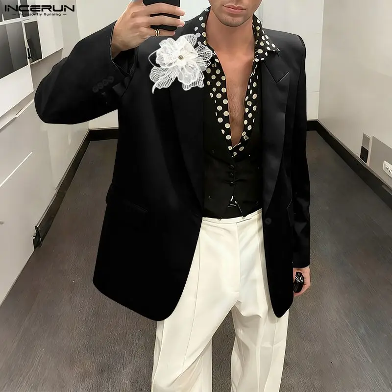 

INCERUN Men Blazer Flower Patchwork Lapel Long Sleeve One Button Male Suit Streetwear Elegant Fashion Casual Blazer Thin Coats