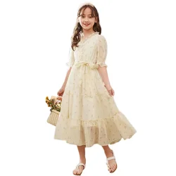 Girls Summer New Dress Youth Chiffon Waist Princess Skirt Children Pastoral Style Clothes 6 8 10 12 14 16 Years