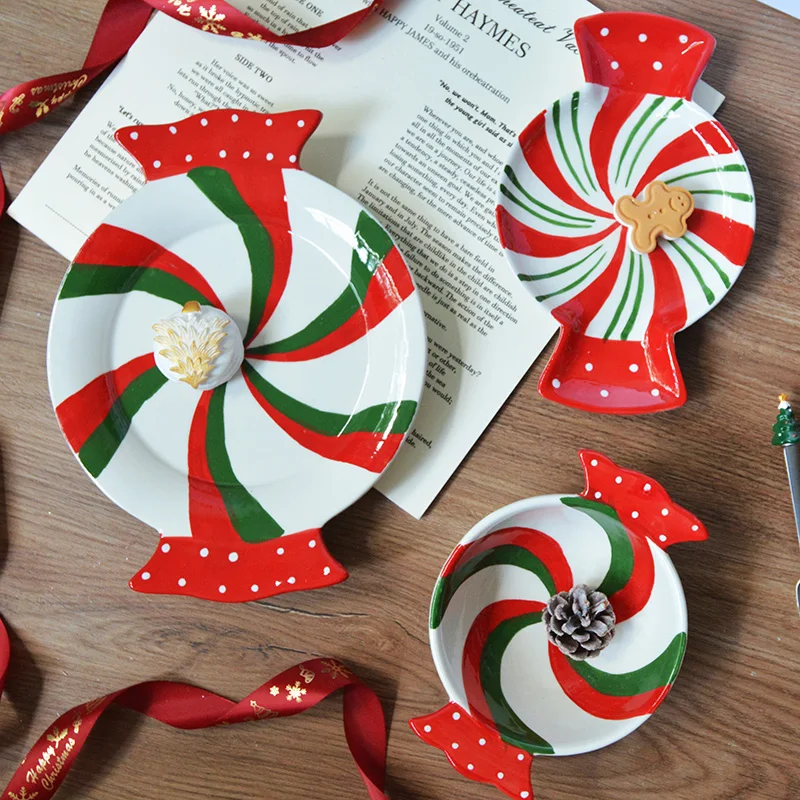 

Christmas season three-dimensional candy shape color-blocked ceramic Christmas gift decoration dessert plate bowl dinner plate