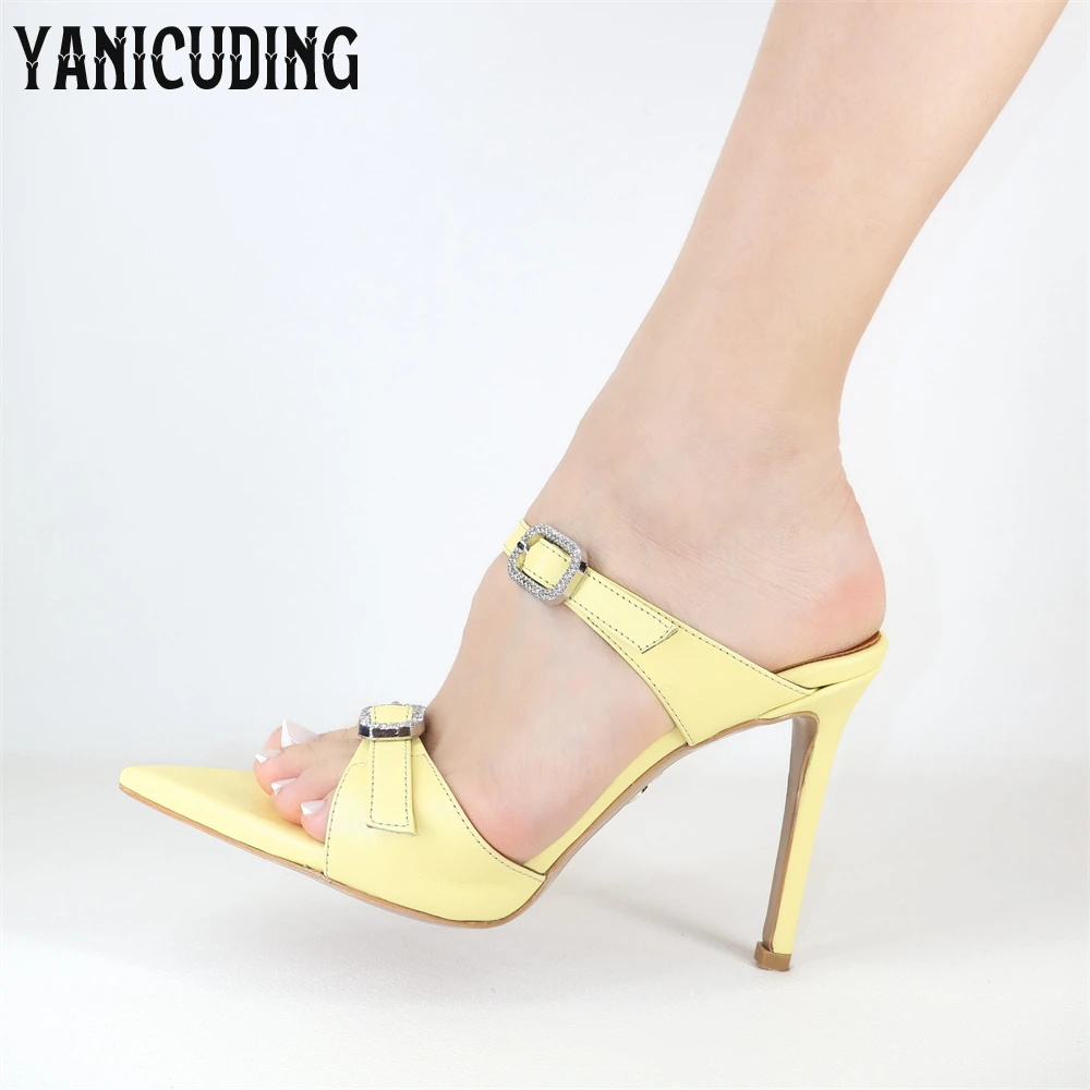 Butter Yellow Crystal Buckle Mules Three-Strip Design Sparkling Stone Details Slippers Luxurious Shiny Stiletto Women's Slippers