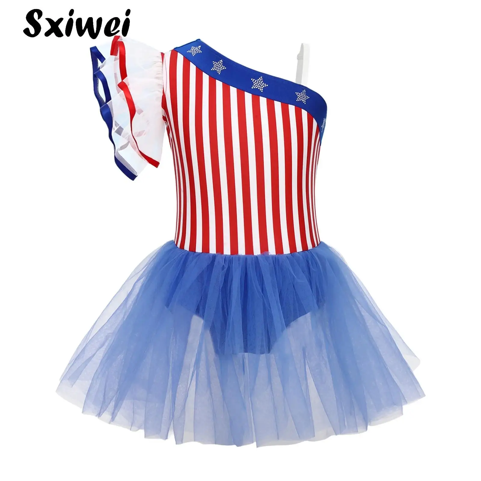 Girls American Stars Striped Tutu Dress Child One Shoulder Ruffled Sleeve Tulle Dress Rhythmic Gymnastic Sakting Ballet Leotards