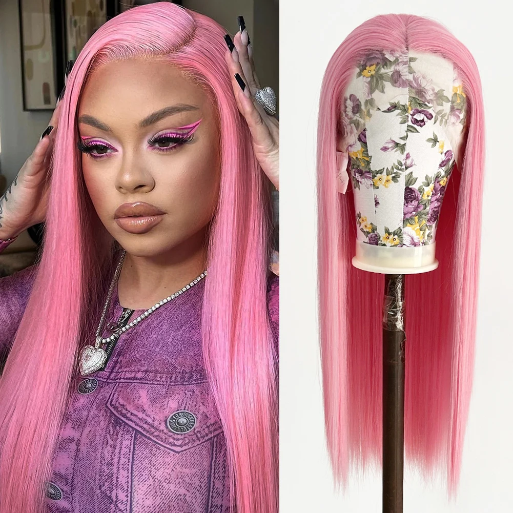 

AIMEYA Long Pink Wig Straight Hair Synthetic Lace Wigs for Women Natural Hairline Pre Plucked Synthetic Wig Lace Front Wigs