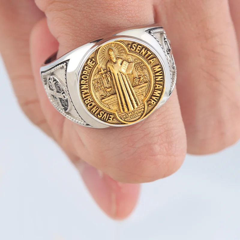 Saint Benedict Medal NDSMD CSSML EIVS IN OBITV NRO PRAE SENTIA MVNIAMVR Catholic Talisman Solid Sterling Silver Ring