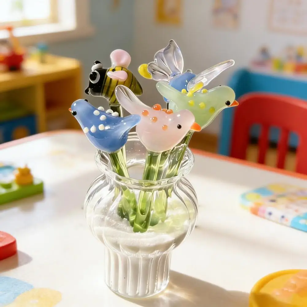 Handmade Mini Glass Animal Figurine Faux Crystal Small Bird Butterfly Bee Ornament with Stem for Home Office Tabletop Decor