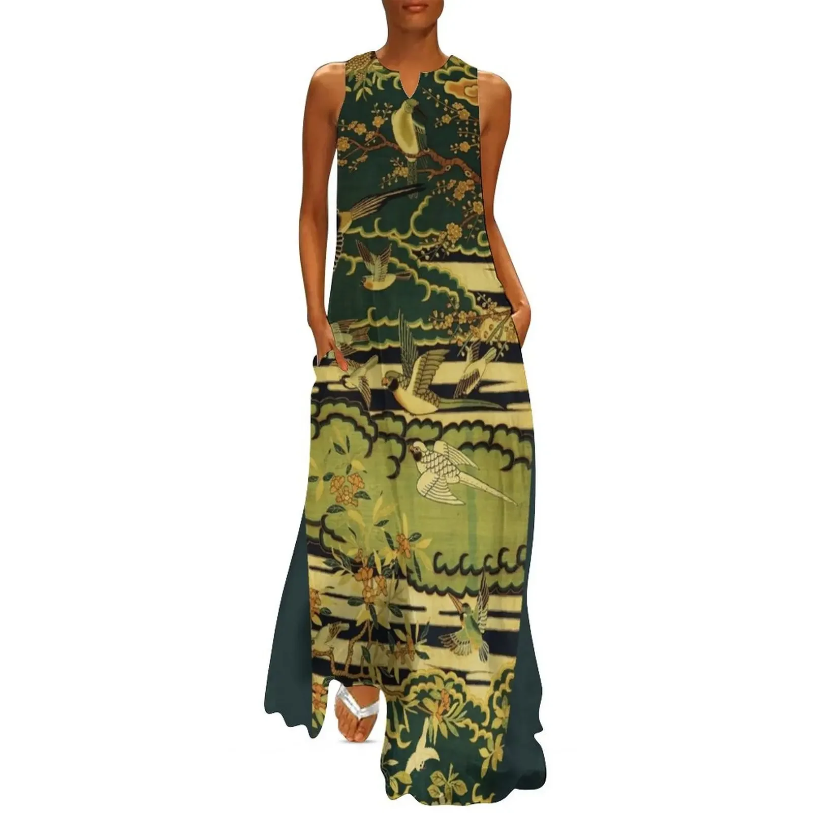 

Birds,Phoenix Flowering Tree Branches Against Clouds,Egret,Lotus,Green Gold Yellow Floral Long Dress Women's clothing Dress