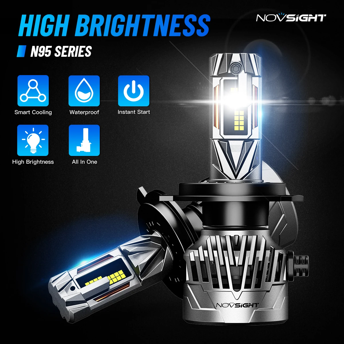 NOVSIGHT N95 Series H4/9003/HB2 LED Super Bright Lamps Fog Light Off-Road Light Bulbs Mini Size IP68 50000LM Headlamp 6500K White Automotive Fog Lamp Fit For Universal Auto