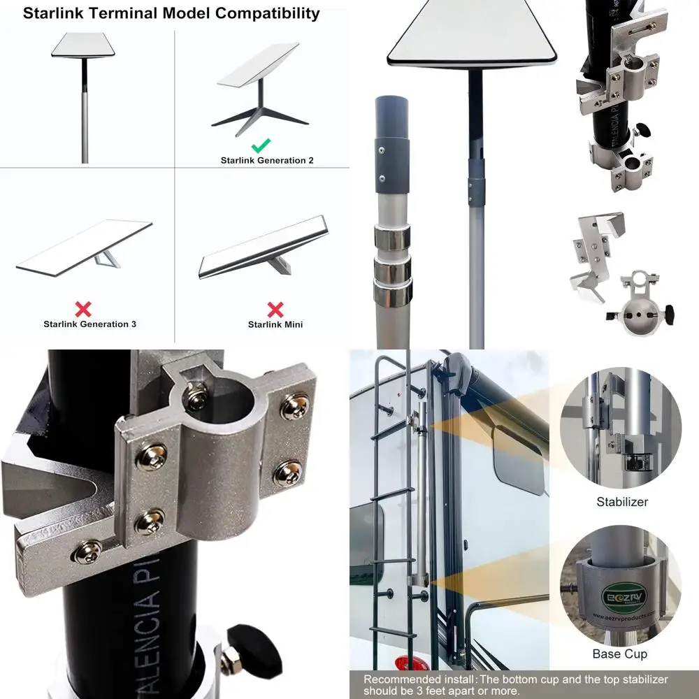 عمود تلسكوبي بطول 10 أقدام مع محول Starlink (GEN 2 / V2) ومجموعة دعامة تثبيت سلم RV - يناسب قضبان سلم مقاس 1.0 بوصة #1