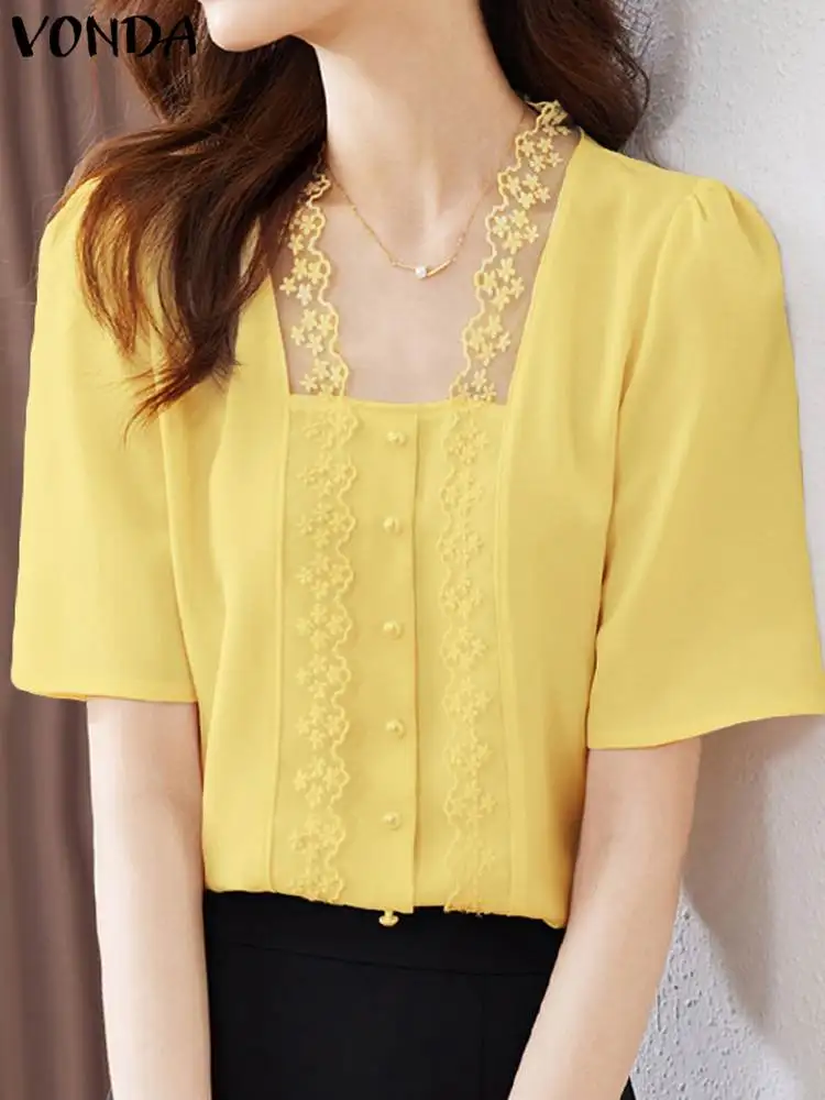 

VONDA Women Lace Blouse 2024 Fashion Solid Color Patchwork Pullover Tops Casual Loose Short Sleeve Shirts Elegant Blusas Tunic