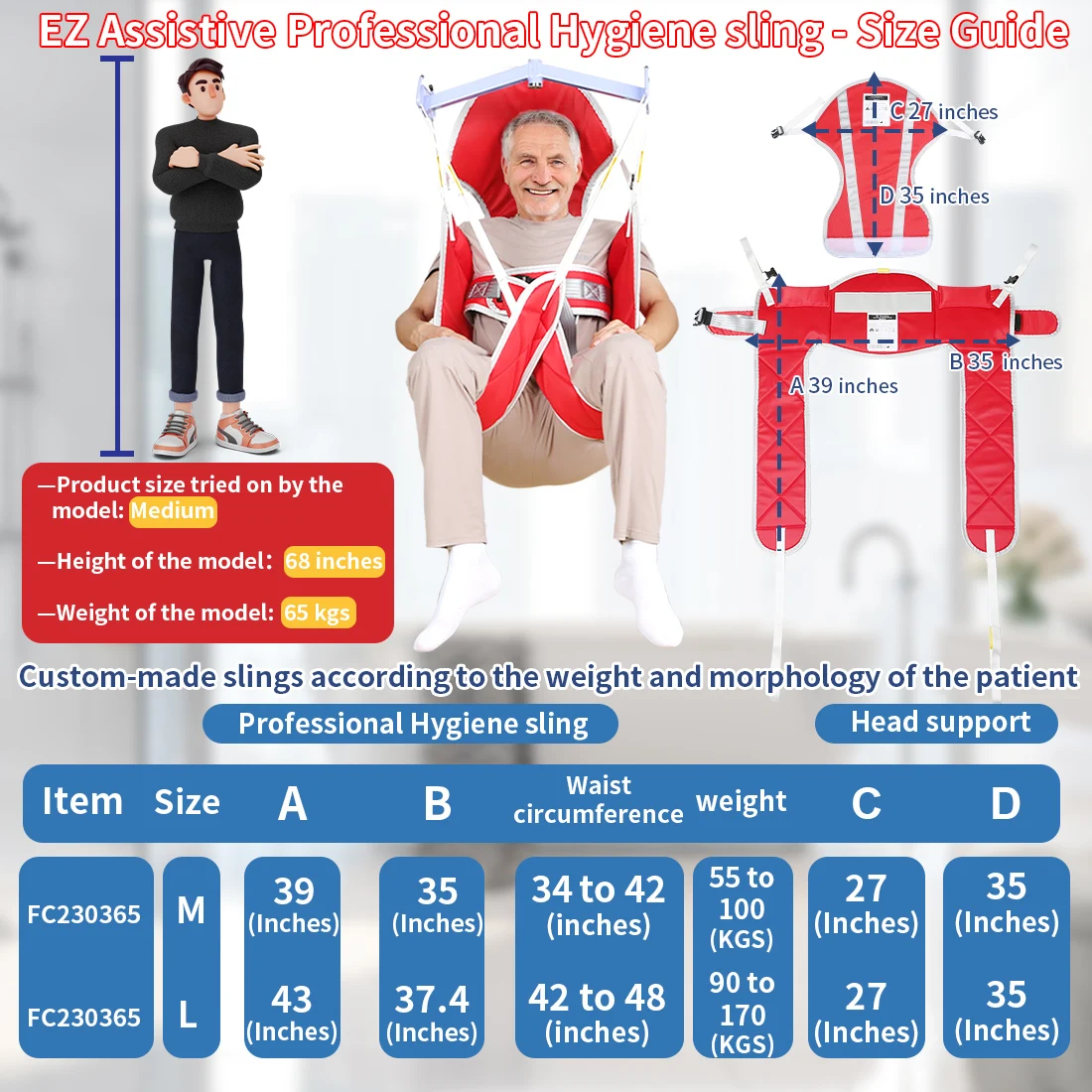 Ehucon Patient Harness Lift Hygiene Sling Medical Hoist Elderly Transfer Commode Toileting Aid with Head Support SWL 230kg
