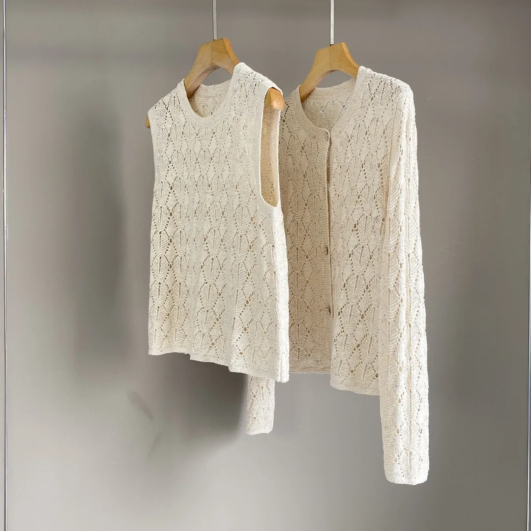 2025 Primavera y novedad de verano, chaqueta cárdigan de punto a la moda de lino de seda, chaleco informal versátil, traje para mujer