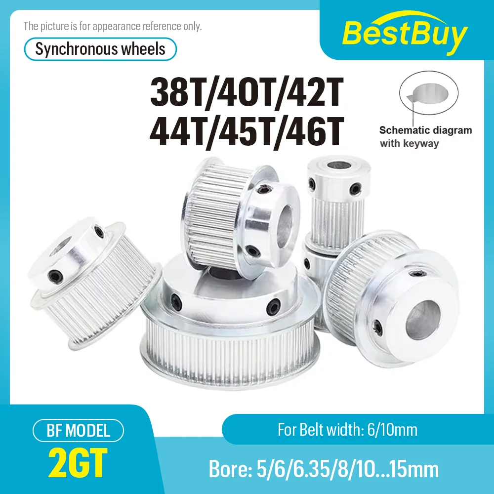 

GT2 Timing Belt Pulley for 3D Printer 2GT Series 38T-46T Teeth Bore 5-15mm 6-10mm Belt Width Compatible with 2GT Timing Pulley