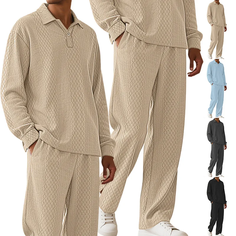 

Мужской однотонный жаккардовый свитер-поло с длинными рукавами, комплект брюк, повседневный пуловер с лацканами, спортивный костюм, осенне-зимняя спортивная одежда