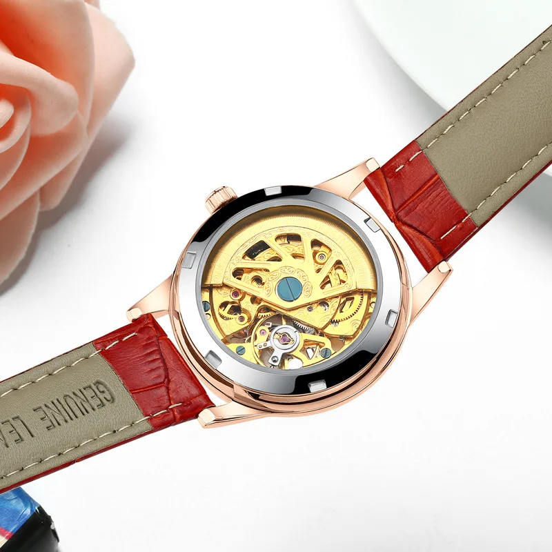 Women Automatic Mechanical Watches Diamond Four-leaf Clover WristWatches Ladies Leather Pink Watch Waterproof Senhoras Assistir