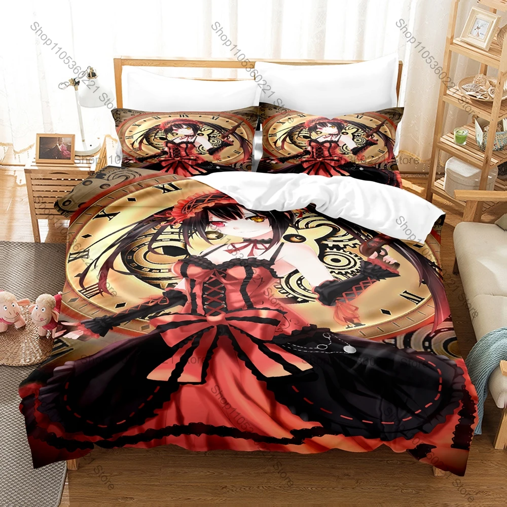 Date A Live Bedding Set 3Pcs Tokisaki Kurumi Pattern Duvet Cover Set Bedroom Decor Bedclothes Pillowcases For Kids Fans Gift