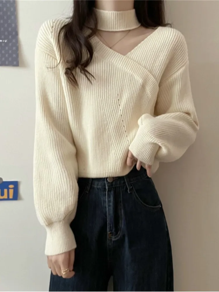 فضفاض ort محبوك سترة المرأة لون نقي أعلى فانوس Sve غير المتكافئة طوق الكورية Sle الخريف Faion لباس غير رسمي #2