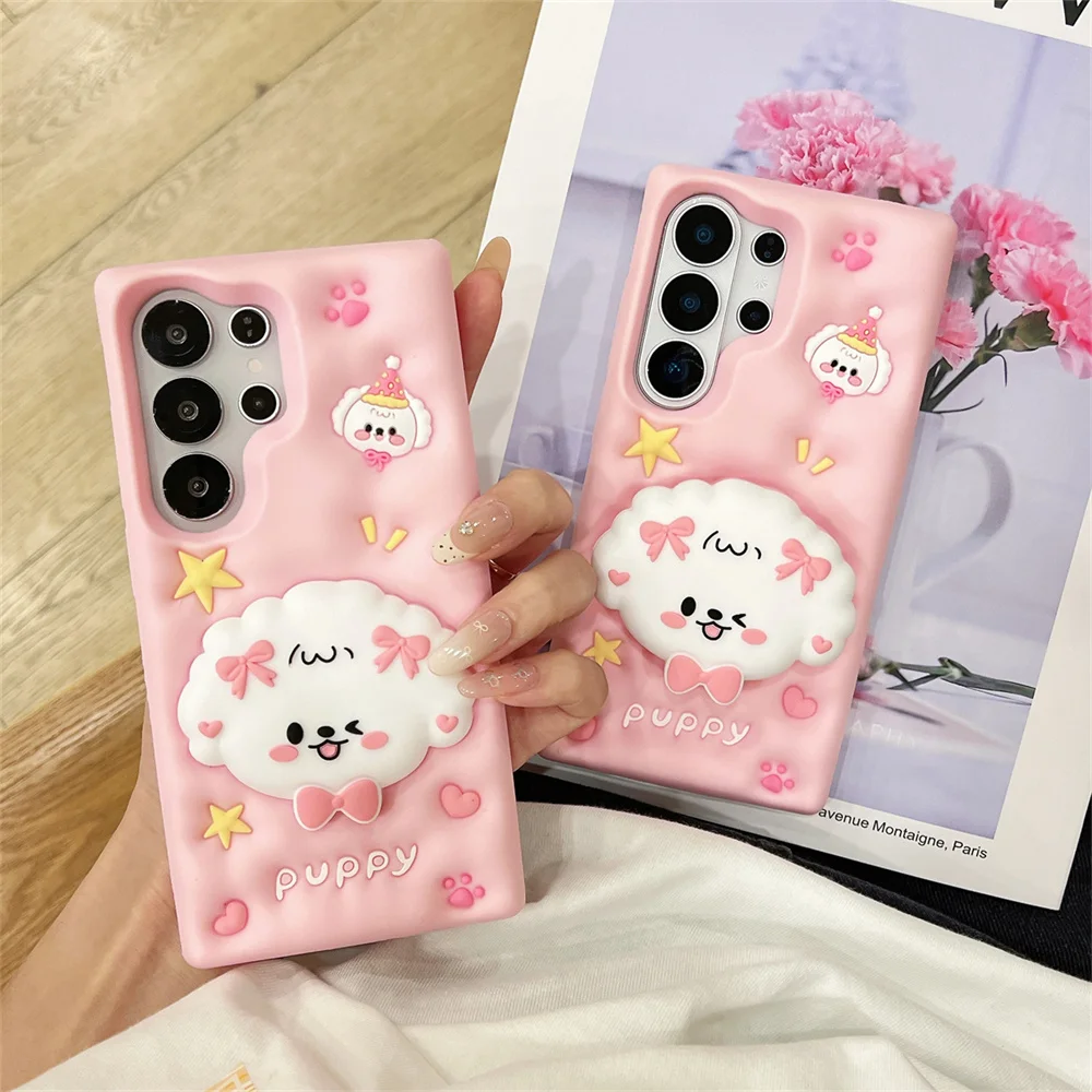 Cute Pastel Pink Bow Puppy Socket Phone Case for S26 Ultra Pop Grip Soft Silicone Protective Cover for Samsung Galaxy S25 A57