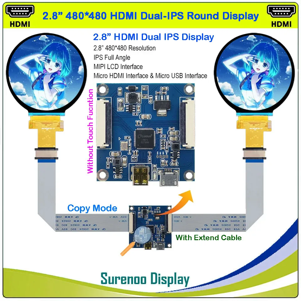 2.1-2.8” 480X480 Round Circle IPS Dual Double LCD Module Display Monitor Screen HDMI-compatible to MIPI without Touch Panel