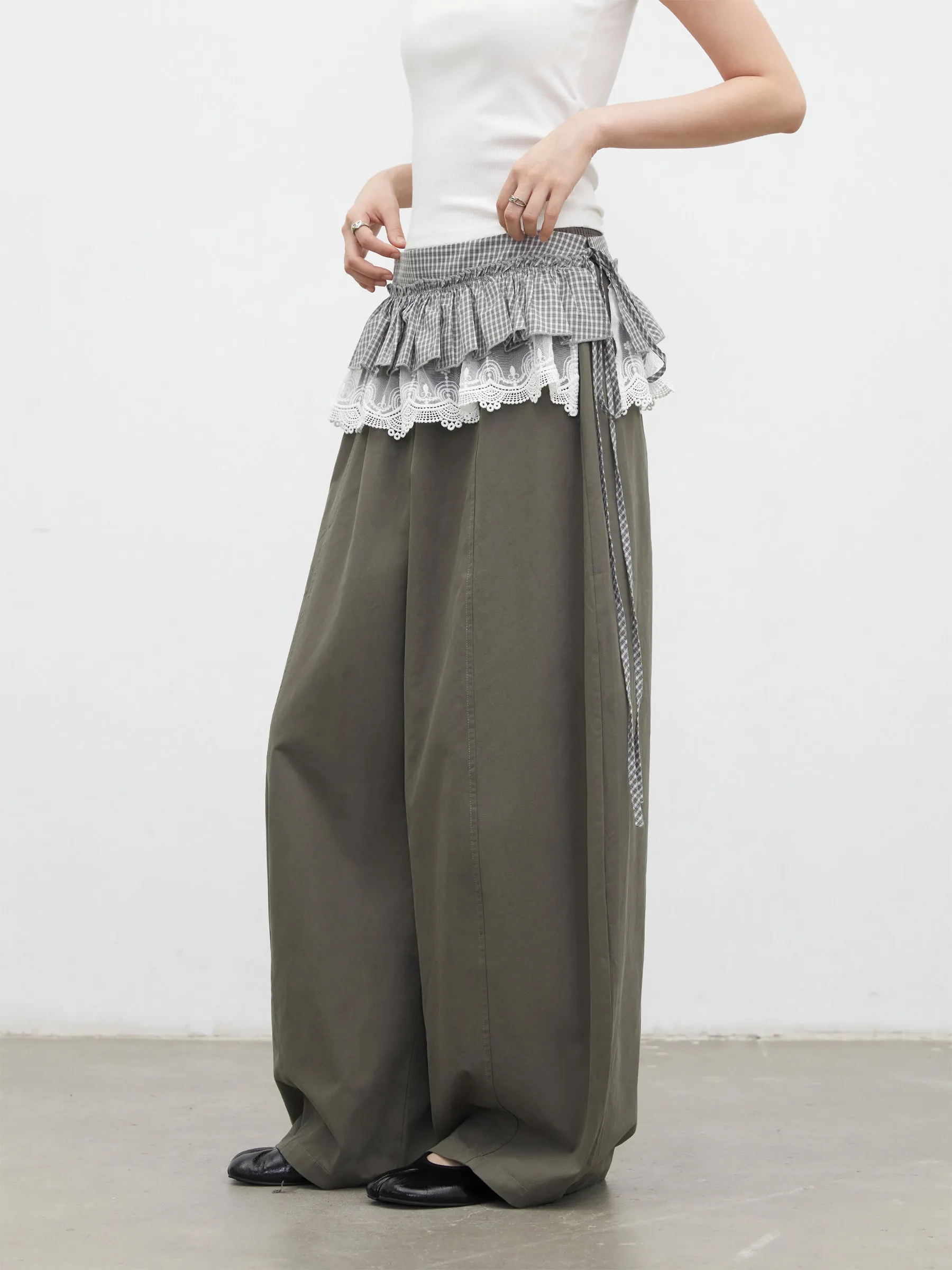 CHIC VEN Fashion Korean Women Pants Solid Ruffled Lace Patchwork Loose Casual Trousers Cotton Wide Leg Pant Spring Autumn 2026