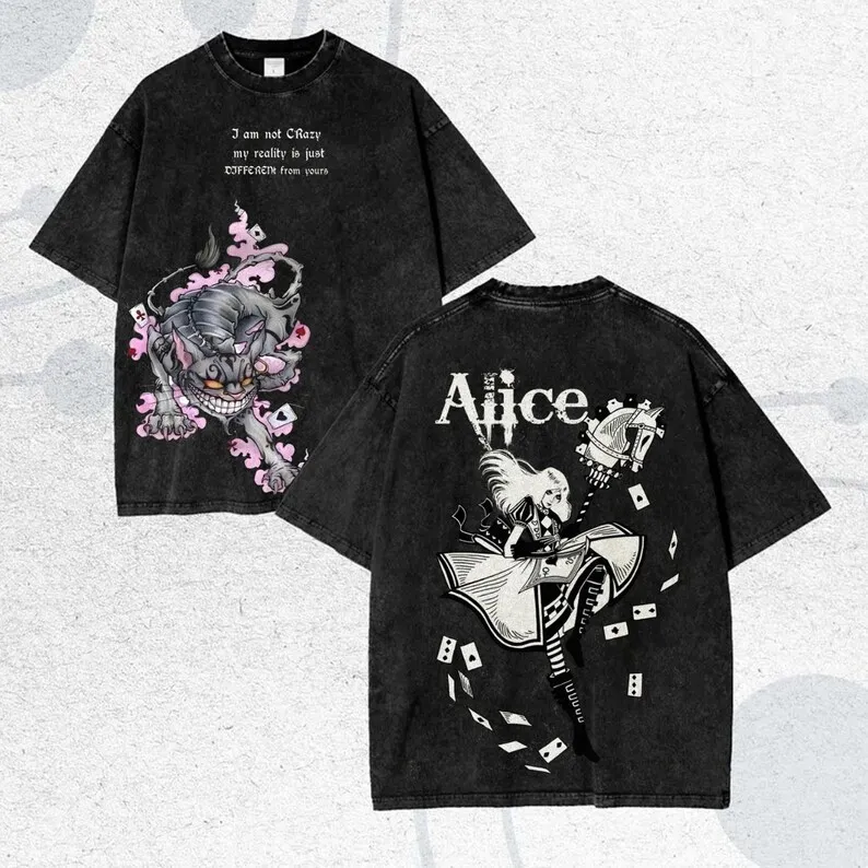 Camiseta Alice Madness Returns con efecto lavado para parejas, tallas grandes, ropa unisex con personalidad, ropa para todo el año, clásica, de alta calidad y suave