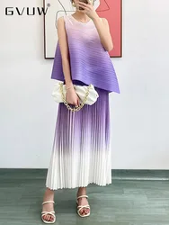 GVUW Pleated Two Piece Sets Women Gradient Sleeveless Irregular Tops + A Line Skirt Elegant Lady New 2024 Fashion Sets 17G7968