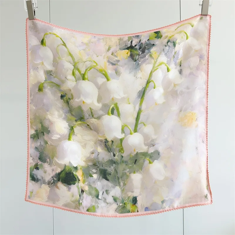 100% Silk Square Scarf for Women Oil Painting Orange Tulip Print Neck Scarf, Floral Bandana Head Scarf Fashion Accessories