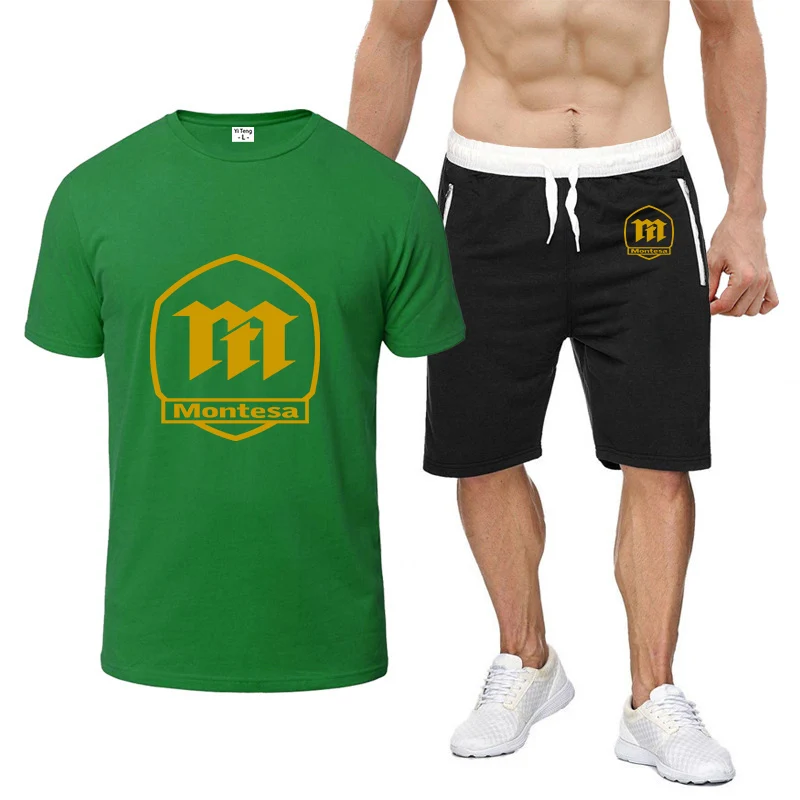 

Montesa Espana Motorcycles Solid Color Men's 13 Color Summer New Breathable Short Sleeve T-shirt +Leisure Sports Pants Suit