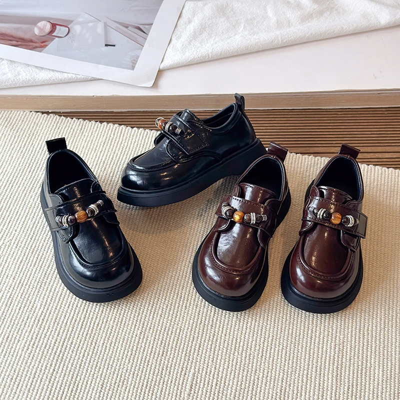 Vintage Children Leather Shoes Beaded Decor Girls Princess Platform Mary Jane Shoes School Uniform Kids Dress Shoes Black Brown
